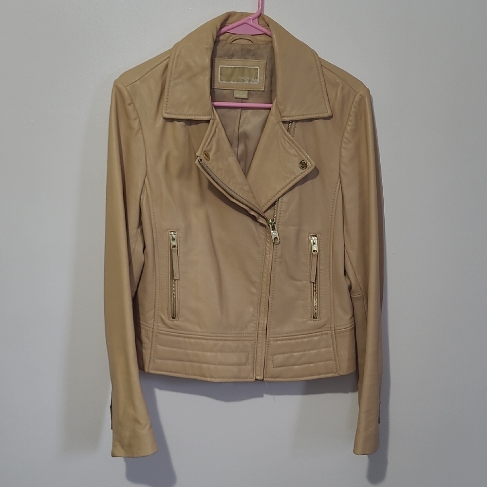 MICHAEL Michael Kors Tan Leather Jacket with Gold Accents